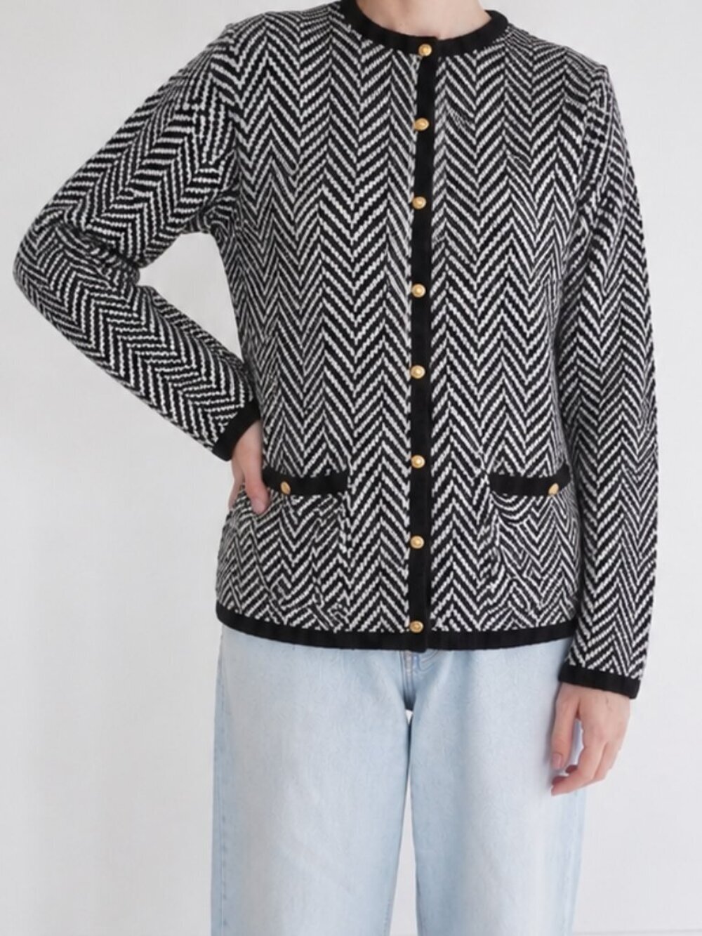 Vintage Crystal Kobe Black White Chevron Grandpa Knit Cardigan Sweater L